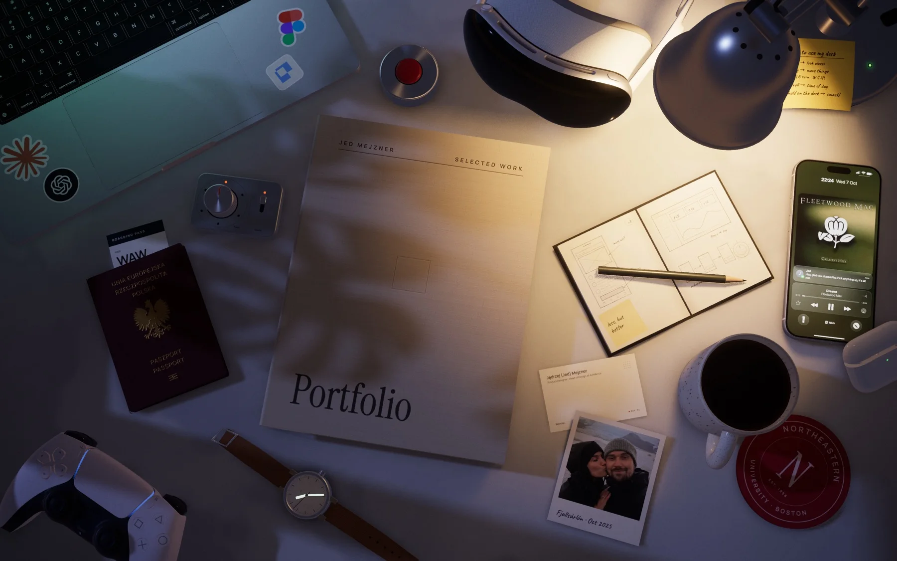 The desk at night under the lamp